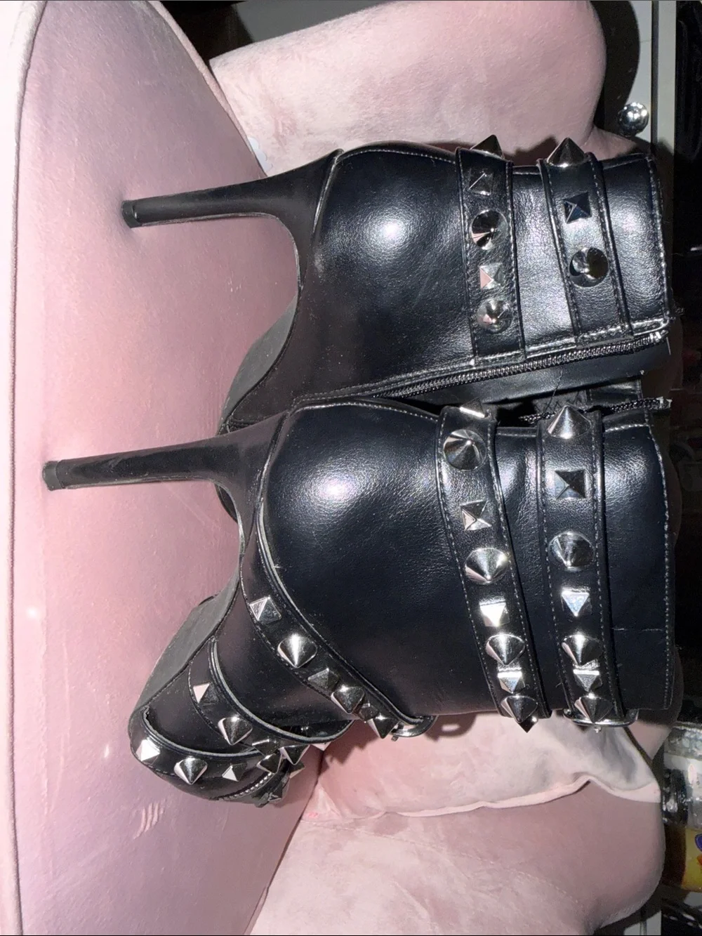 Black Studded Pointed Ankle Boots with Buckles - Women